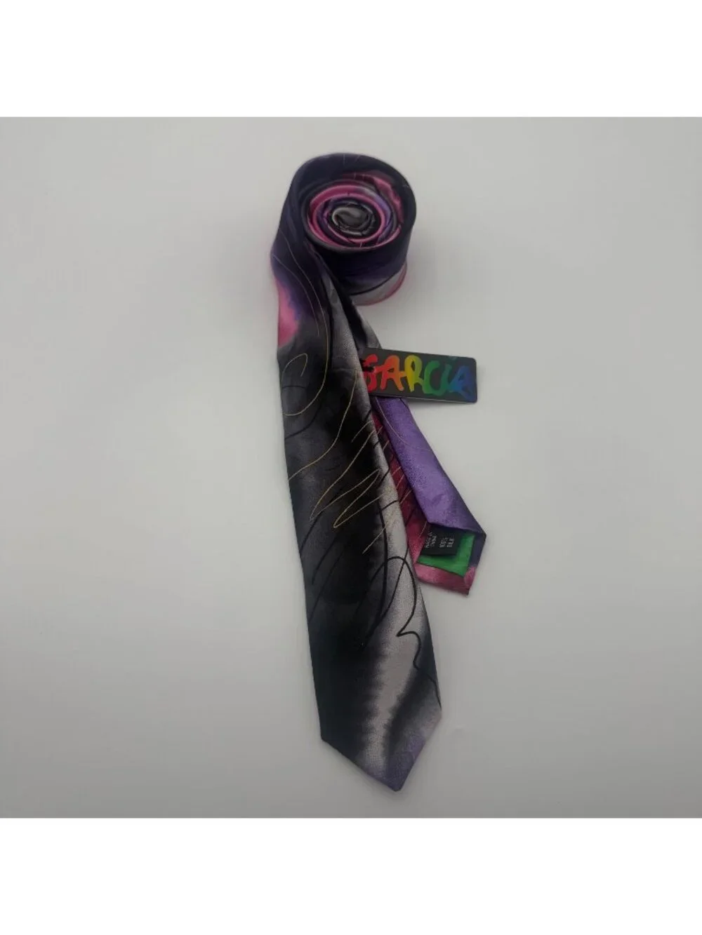 Garcia Men’s Purple Black Red Silk Tie Abstract Drummers Collection 62 Made USA